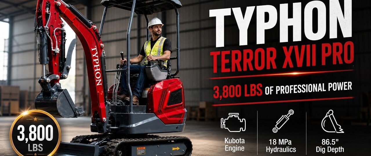 TYPHON TERROR XVII PRO Mini Excavator — 3,800 lb | Kubota D902 | 14 kN Digging Force | Dark Cherry