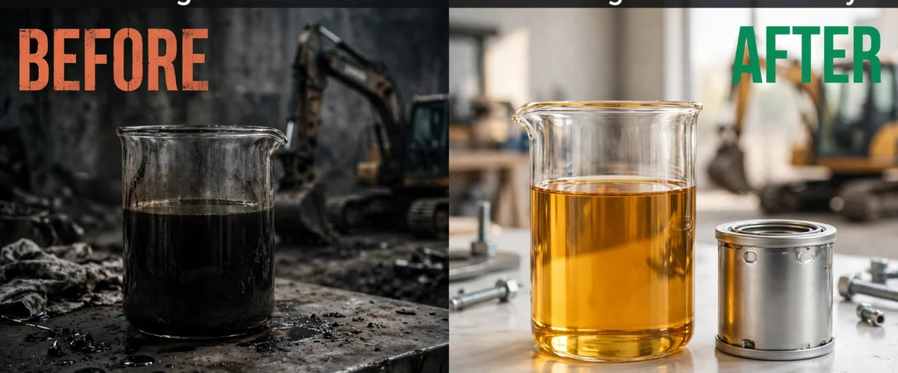 Excavator engine oil turns black fast. 1 filter change restores oil clarity.