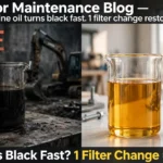 Excavator engine oil turns black fast. 1 filter change restores oil clarity.