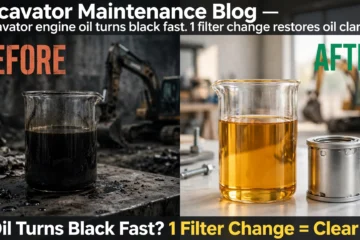 Excavator engine oil turns black fast. 1 filter change restores oil clarity.