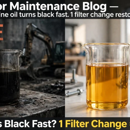 Excavator engine oil turns black fast. 1 filter change restores oil clarity.