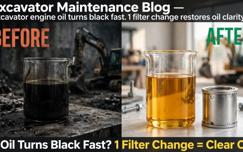 Excavator engine oil turns black fast. 1 filter change restores oil clarity.
