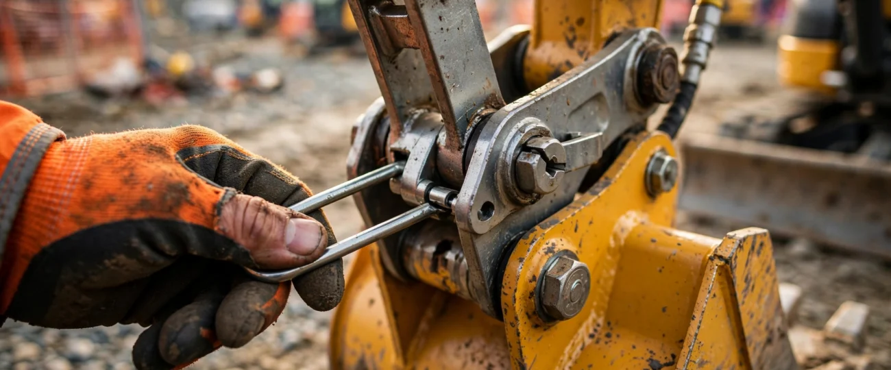 Mini excavator quick coupler locks loose. 1 safety pin check saves lives.