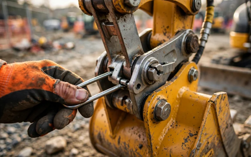 Mini excavator quick coupler locks loose. 1 safety pin check saves lives.