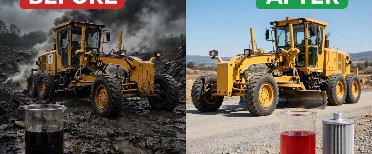 Motor grader transmission slips. 1 fluid change restores smooth shifting.