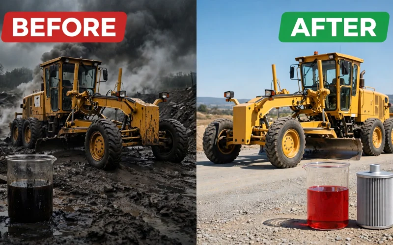 Motor grader transmission slips. 1 fluid change restores smooth shifting.