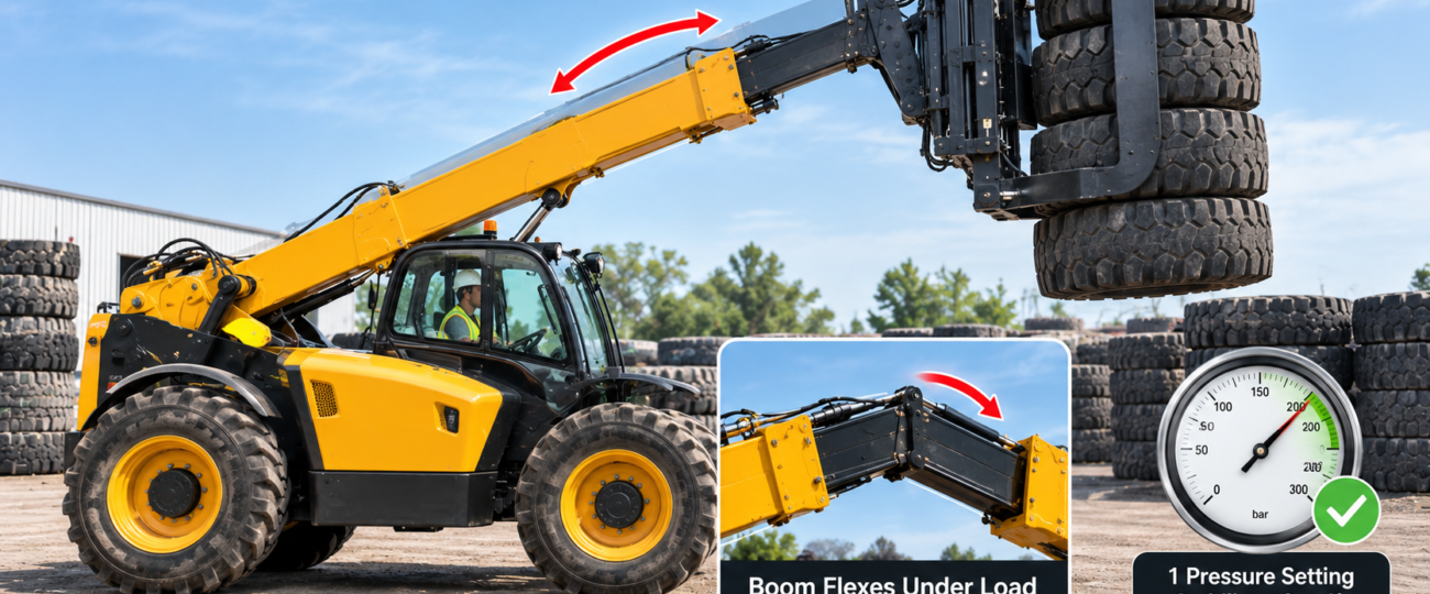 Tire handler boom flexes under load. 1 pressure setting stabilizes the lift.