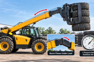 Tire handler boom flexes under load. 1 pressure setting stabilizes the lift.