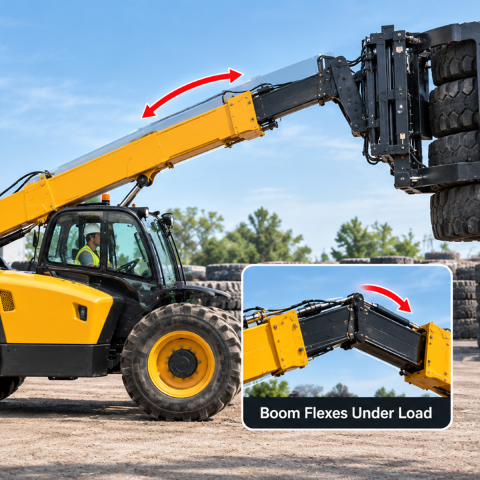 Tire handler boom flexes under load. 1 pressure setting stabilizes the lift.