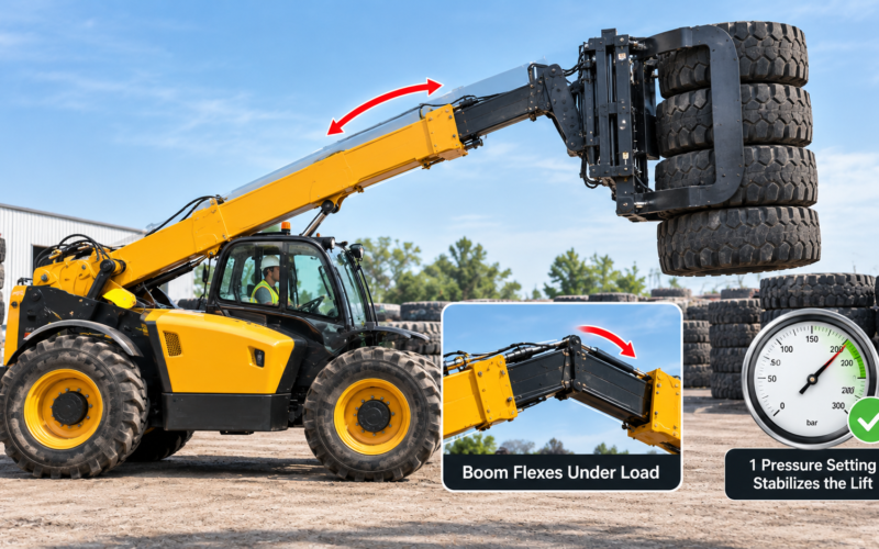 Tire handler boom flexes under load. 1 pressure setting stabilizes the lift.