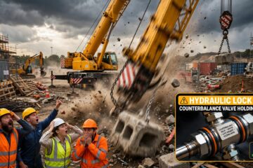 Mobile crane boom drops suddenly. 1 counterbalance valve check stops the fall.