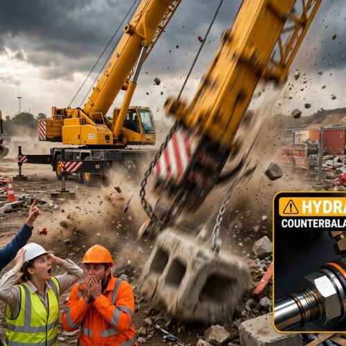 Mobile crane boom drops suddenly. 1 counterbalance valve check stops the fall.