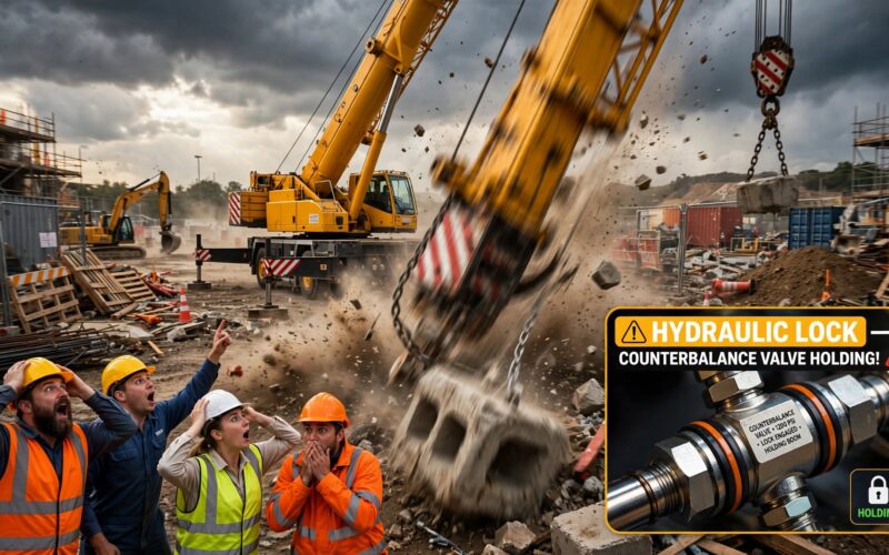 Mobile crane boom drops suddenly. 1 counterbalance valve check stops the fall.