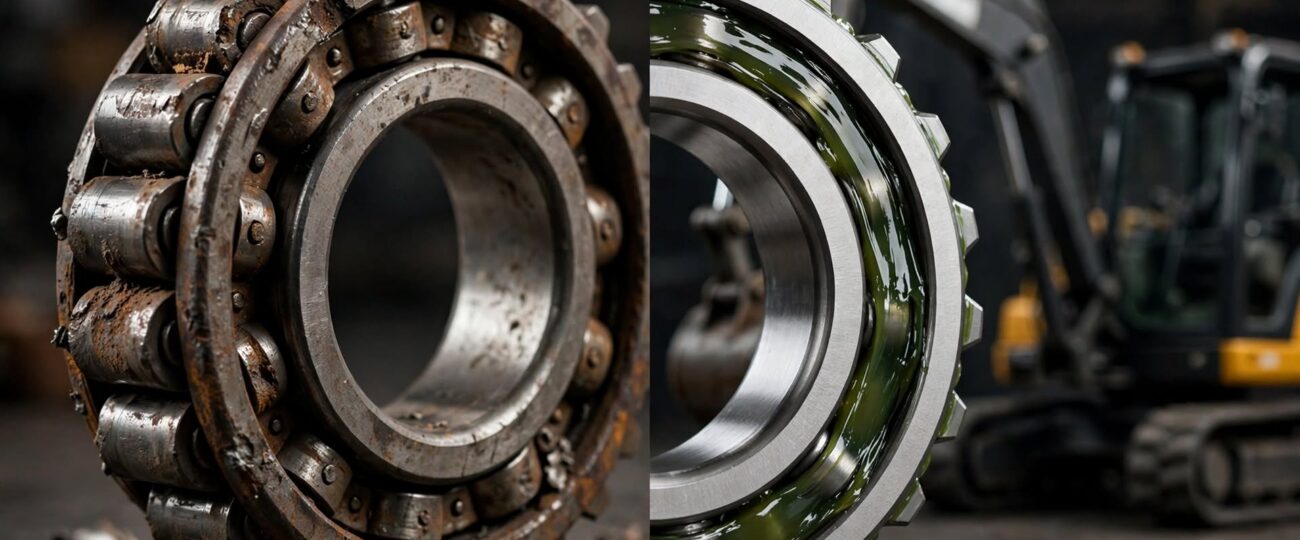 Excavator swing bearing wears out. 1 grease type change doubles bearing life.