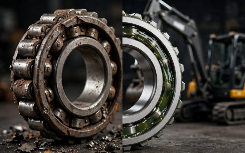 Excavator swing bearing wears out. 1 grease type change doubles bearing life.