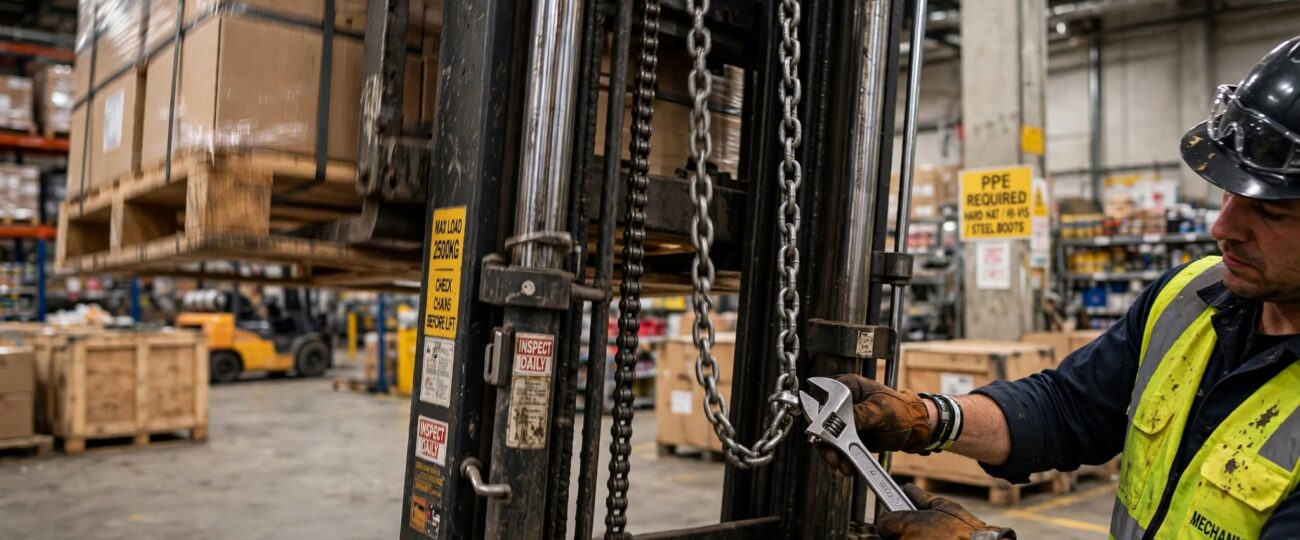 Forklift carriage shakes during lift. 1 chain fix stops the wobble.