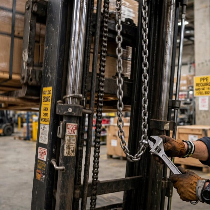 Forklift carriage shakes during lift. 1 chain fix stops the wobble.