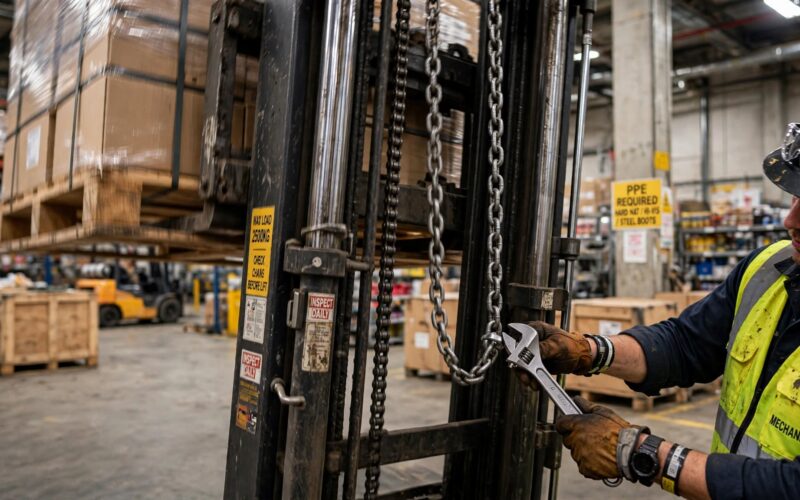 Forklift carriage shakes during lift. 1 chain fix stops the wobble.